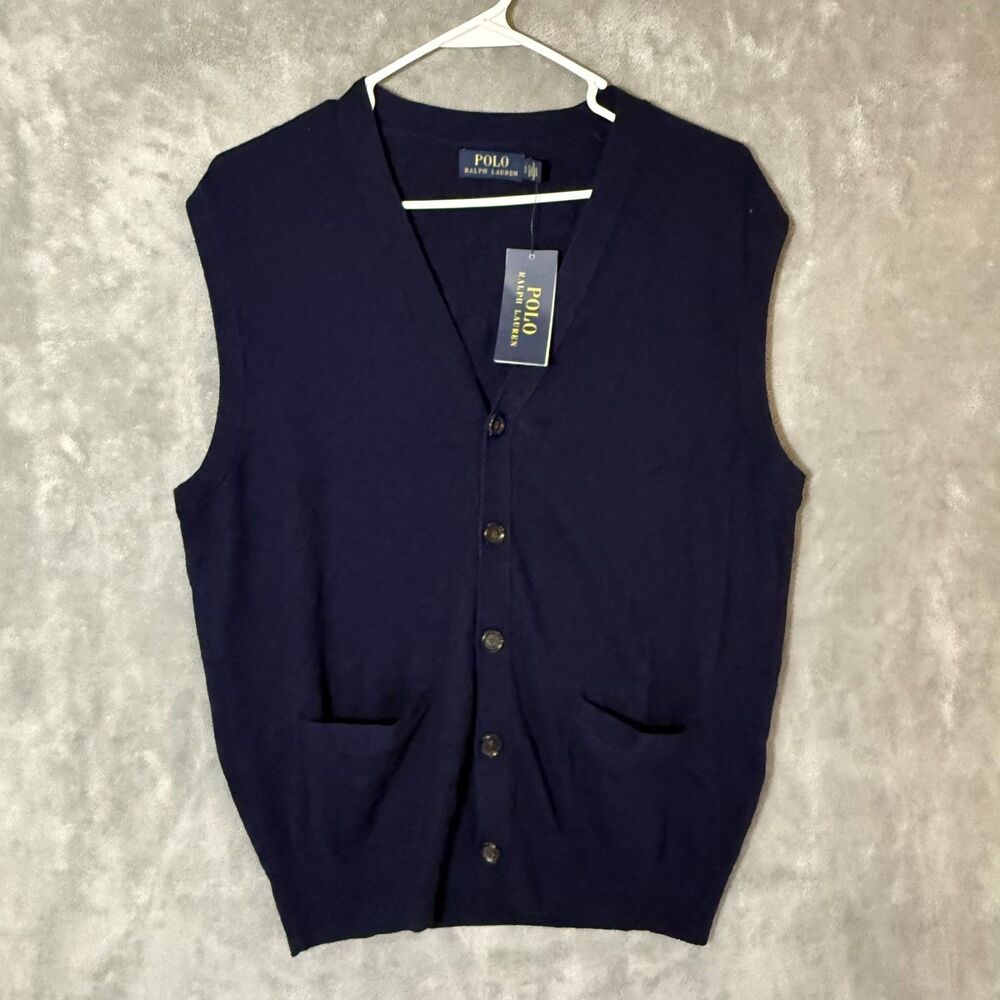 NWT Polo Ralph Lauren Mens S Navy Cotton Cashmere Button Front Sweater Vest